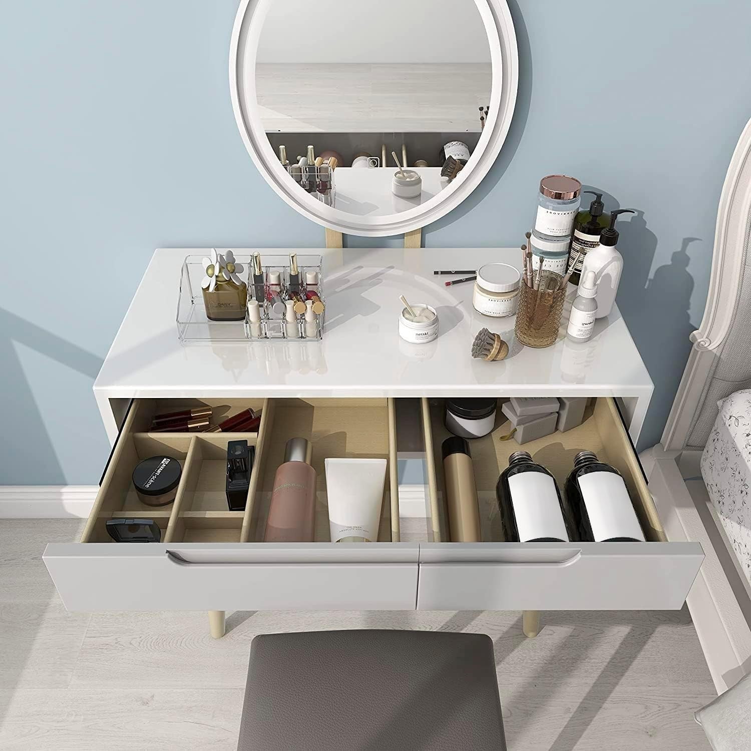 Vanity Makeup Dressing Table Set W/ Lighted Oval Mirror Stool 2 Drawers Storage