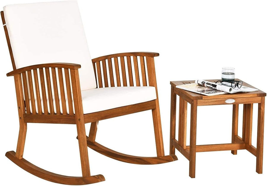 Garden Rocking Chair with Side Table, Acacia Wood, Padded Seat Outdoor Set