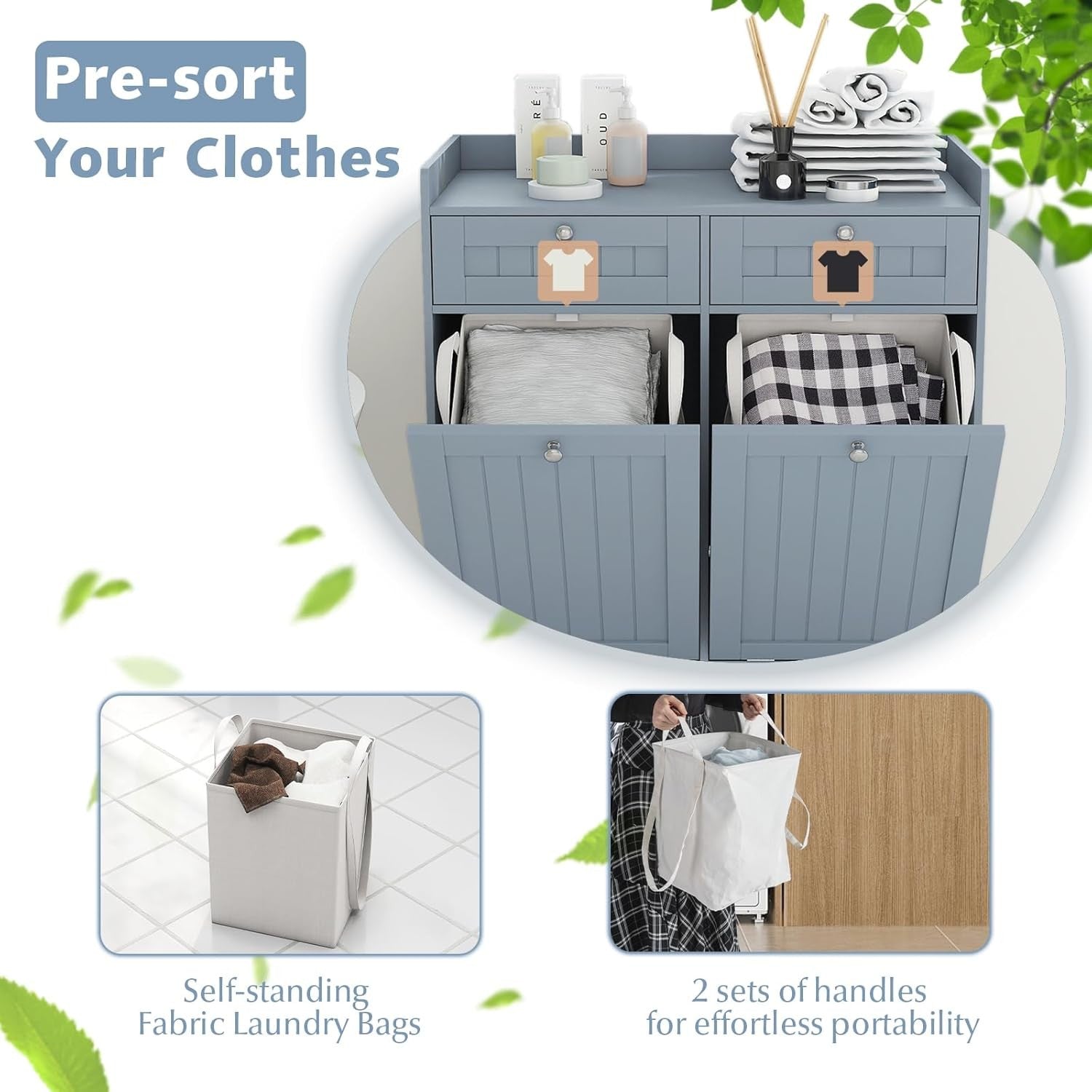 Grey Tilt-Out Laundry Cabinet with 2 Drawers & 2 Hampers Modern Bathroom Storage