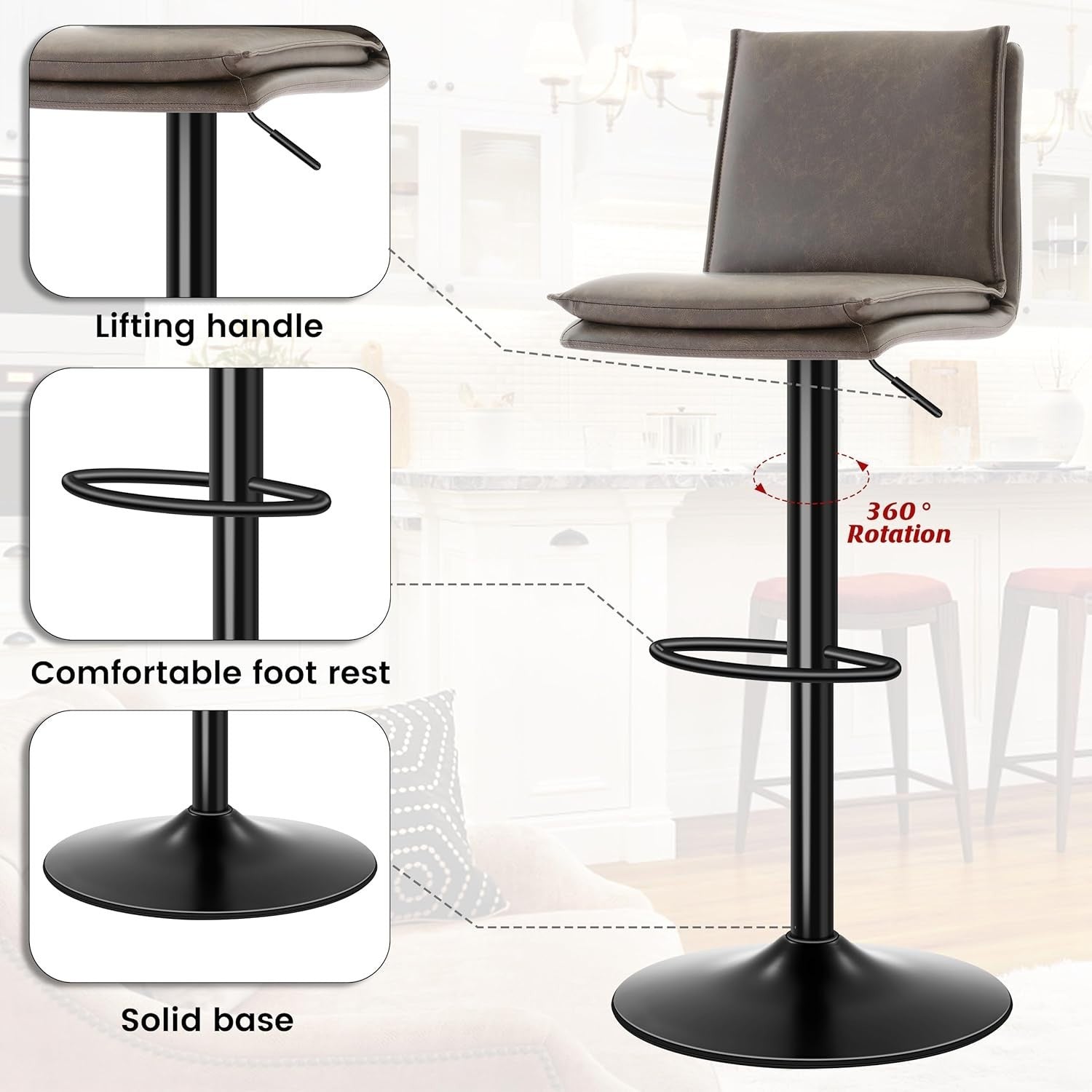Adjustable PU Leather Bar Stools Set of 2 – Rotating Kitchen Chairs