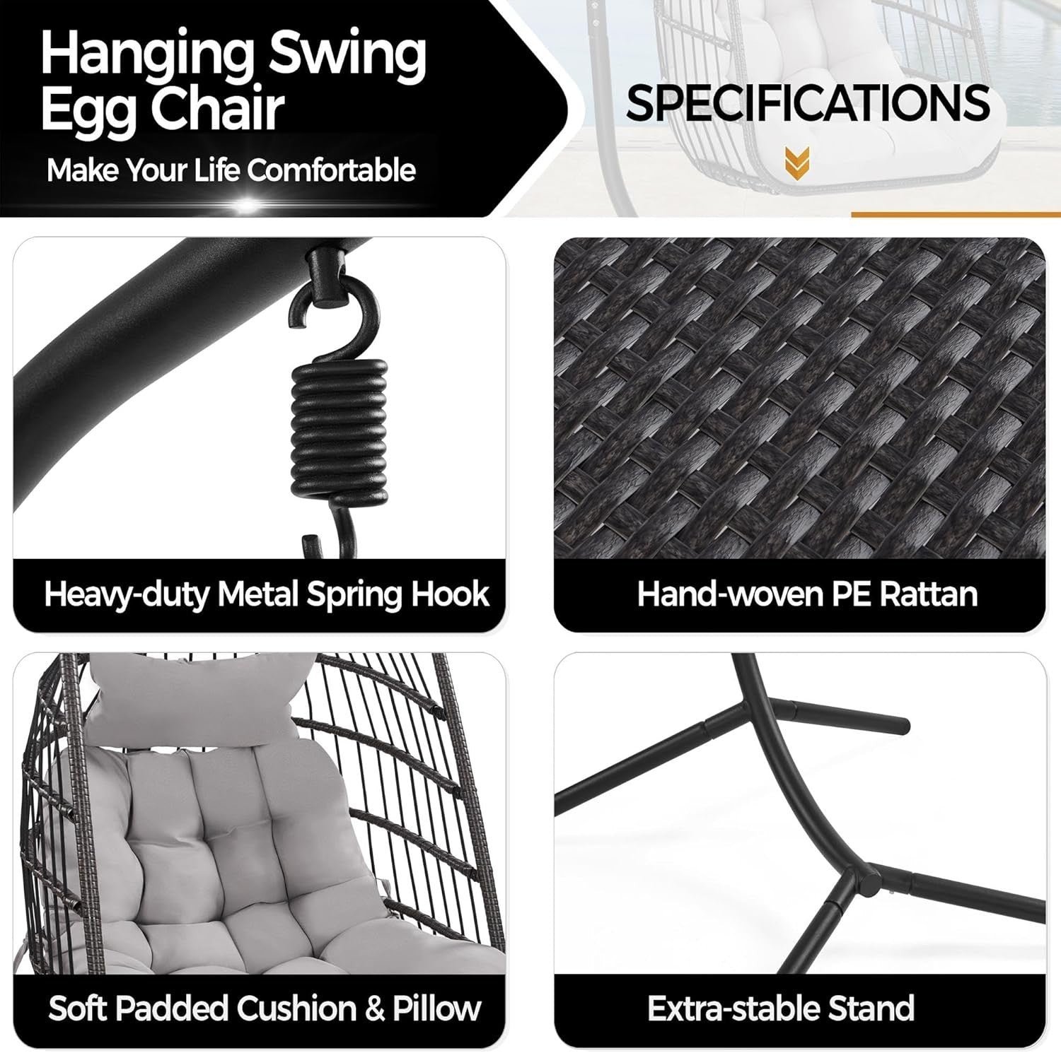 Egg Swing Chair with Stand Garden Hanging Rattan Hammock Indoor Outdoor