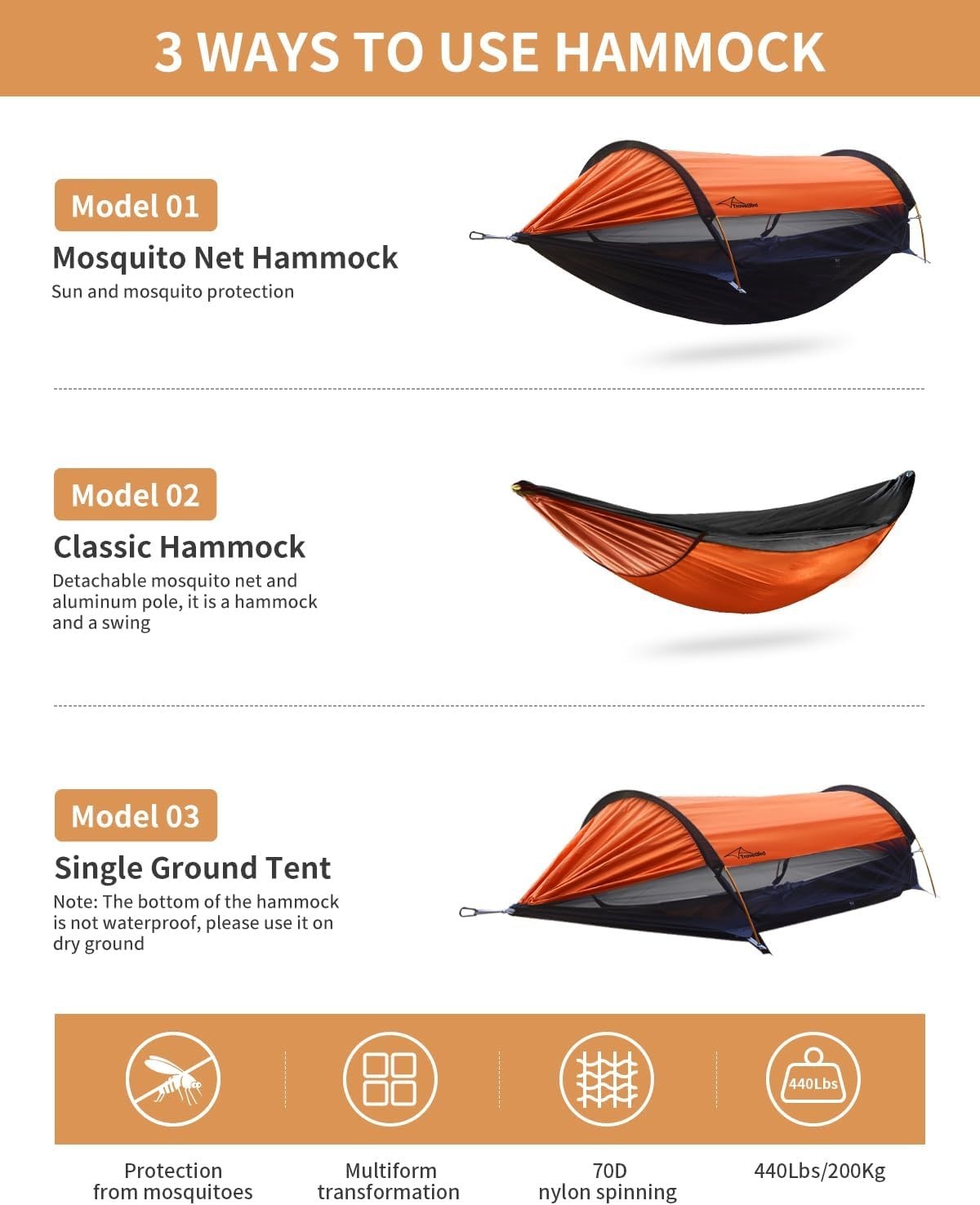 Camping Hammock Tent Vitality Orange 2-Person | 290x140cm Bug Net & Rainfly