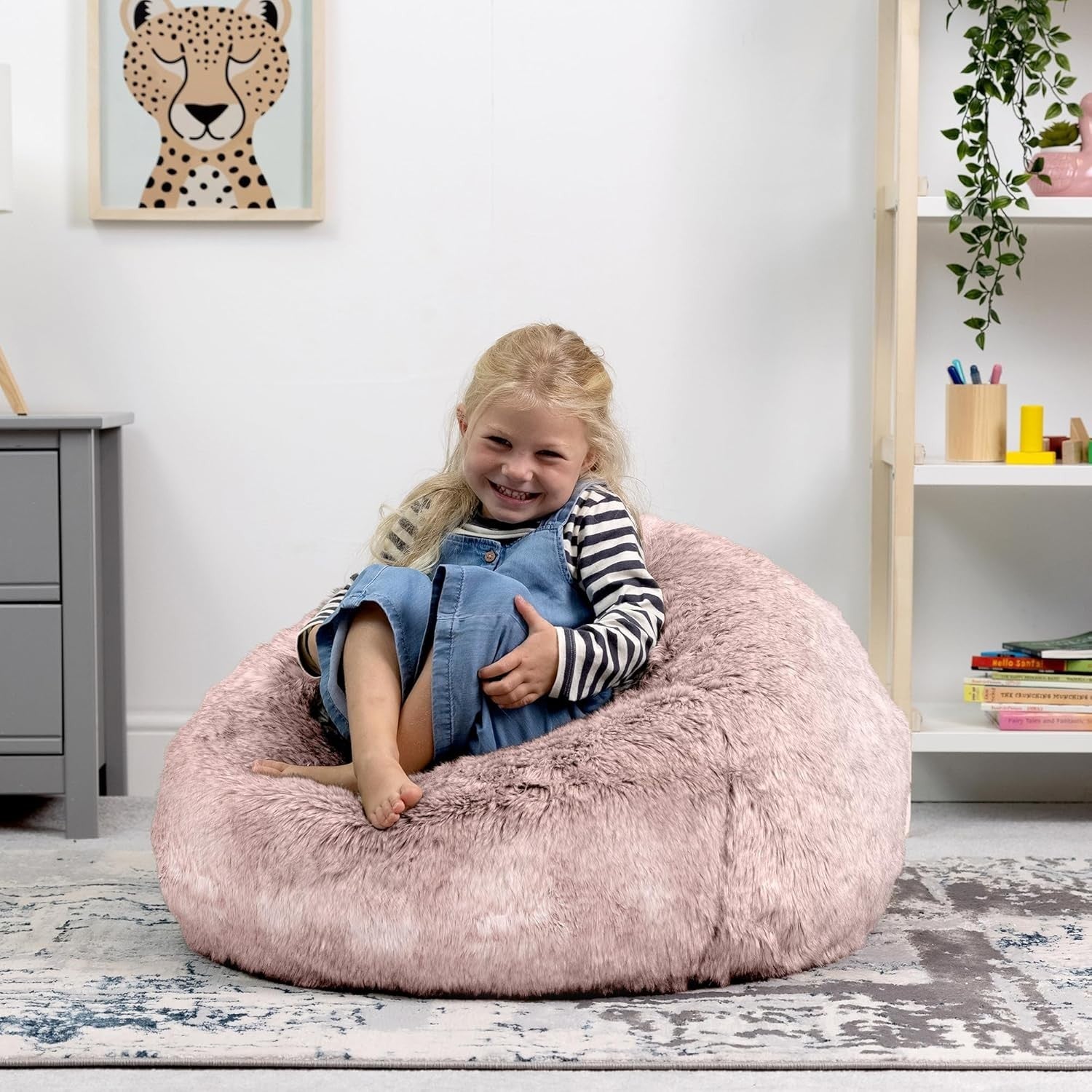 Pink Kids Faux Fur Bean Bag Chair Soft Fluffy Seat for Bedroom Gaming Room