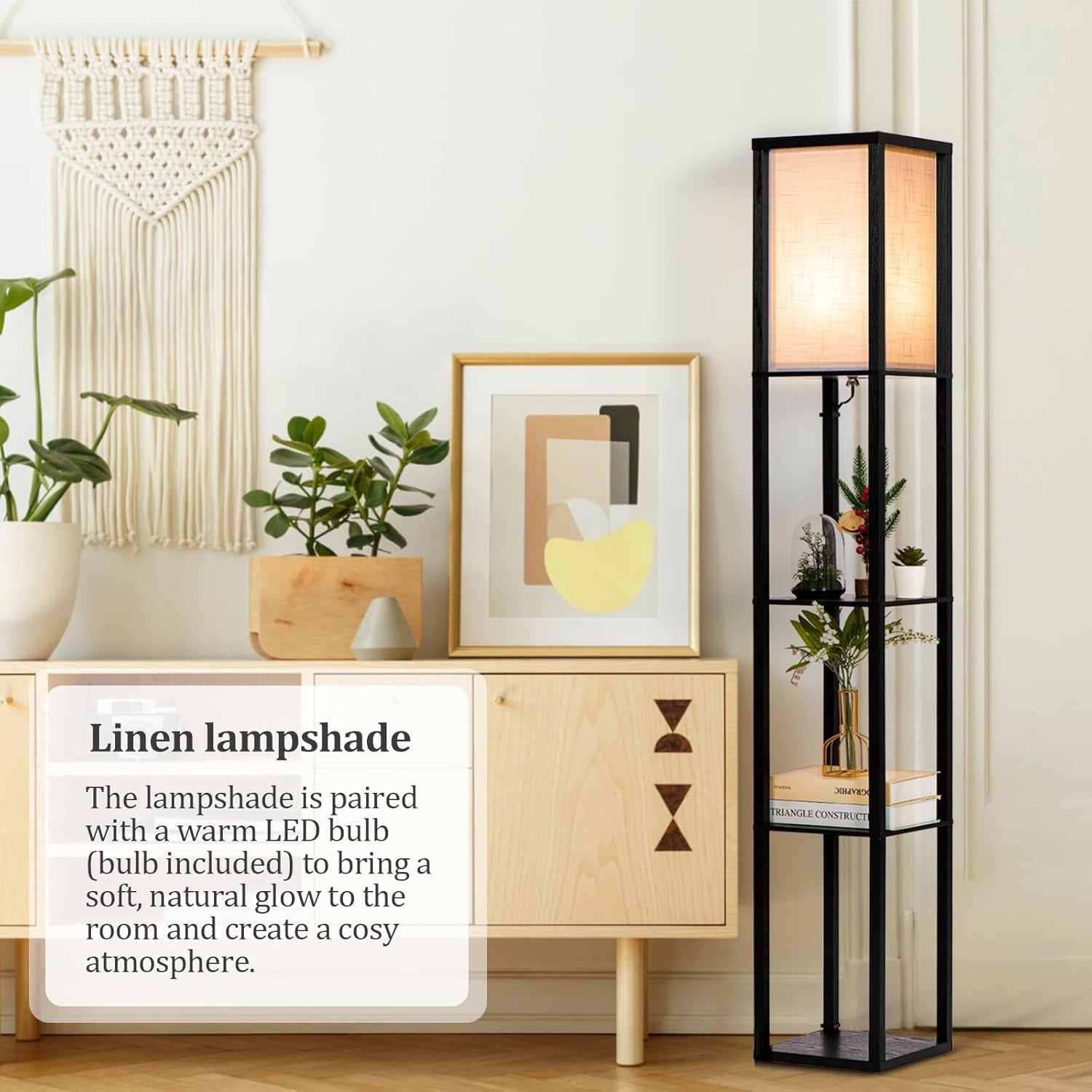 Floor Lamp with Shelves Wooden Standing LED Light Storage Display Black