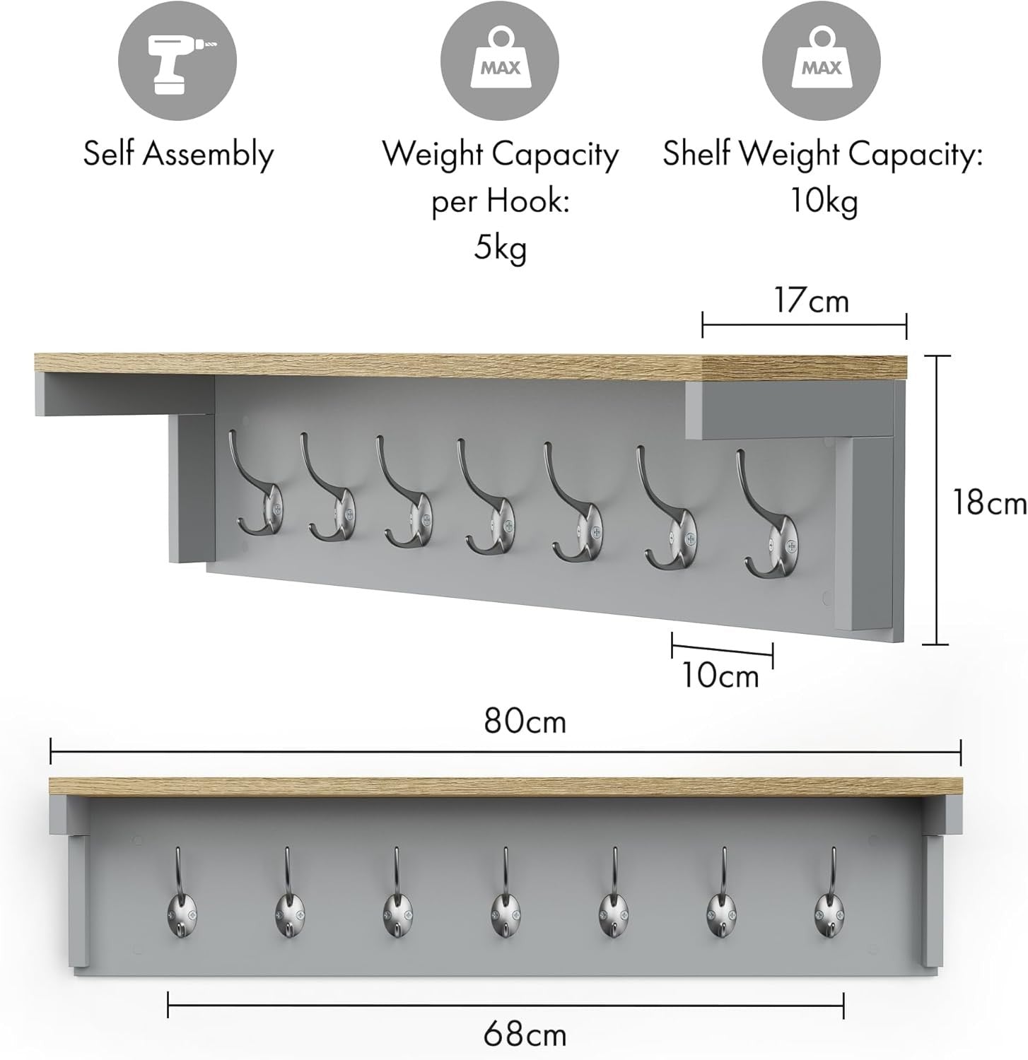 Wall Mounted Coat Rack with Shelf | 7 Double Hooks Grey Wooden Hall Organiser