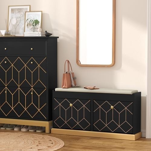Black Shoe Storage Bench with Cushion Flip Drawer Modern Hallway Cabinet