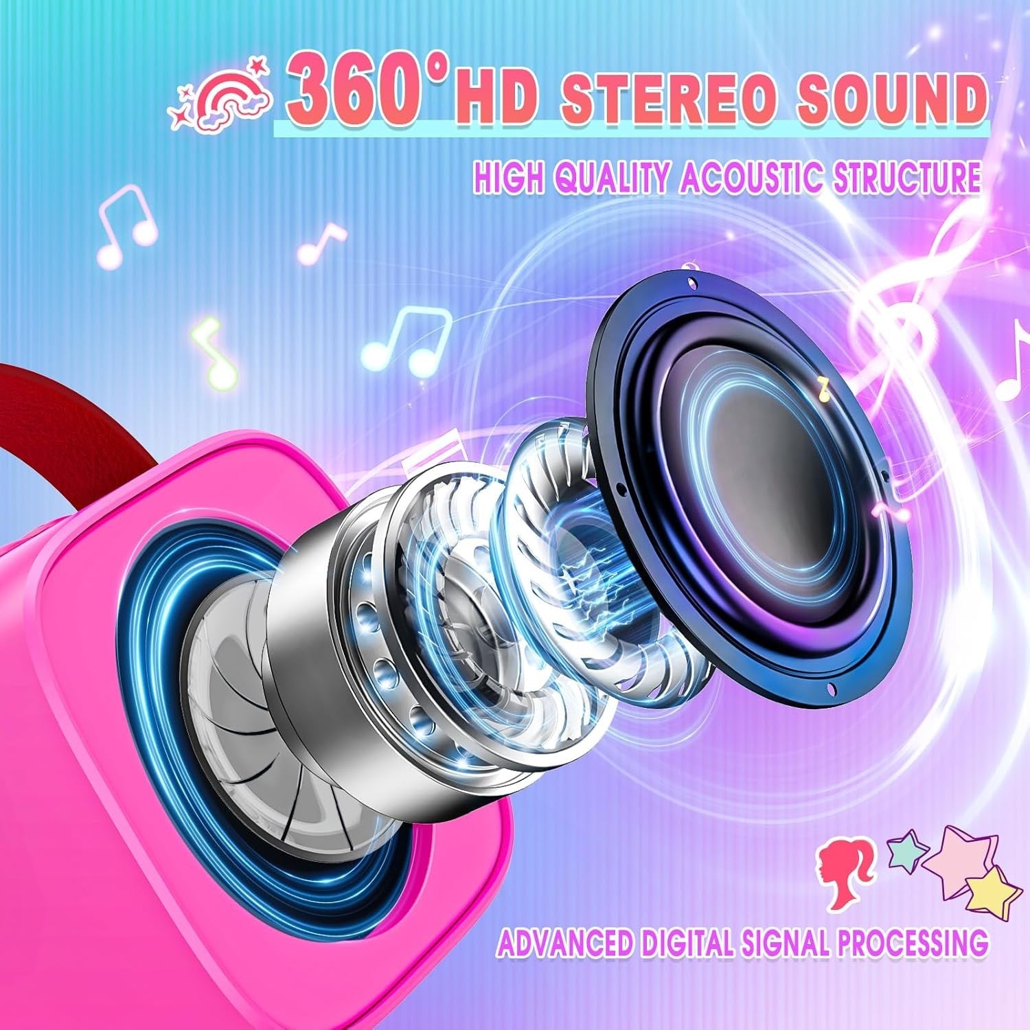 Mini Karaoke Machine Kids Bluetooth Speaker 2 Mics Pink Princess