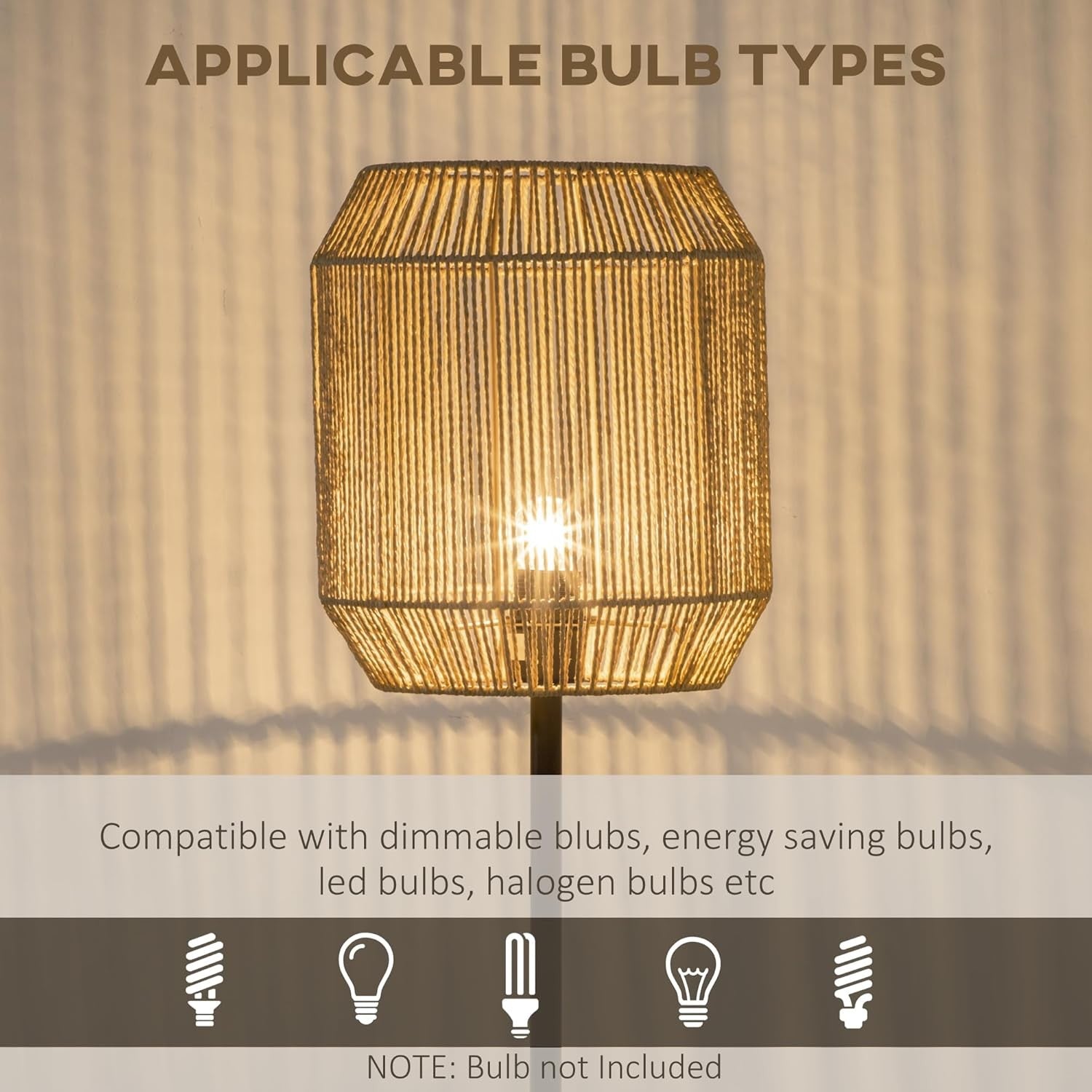 Rattan Floor Lamp Wicker Standing Light Natural Shade Living Room Bedroom