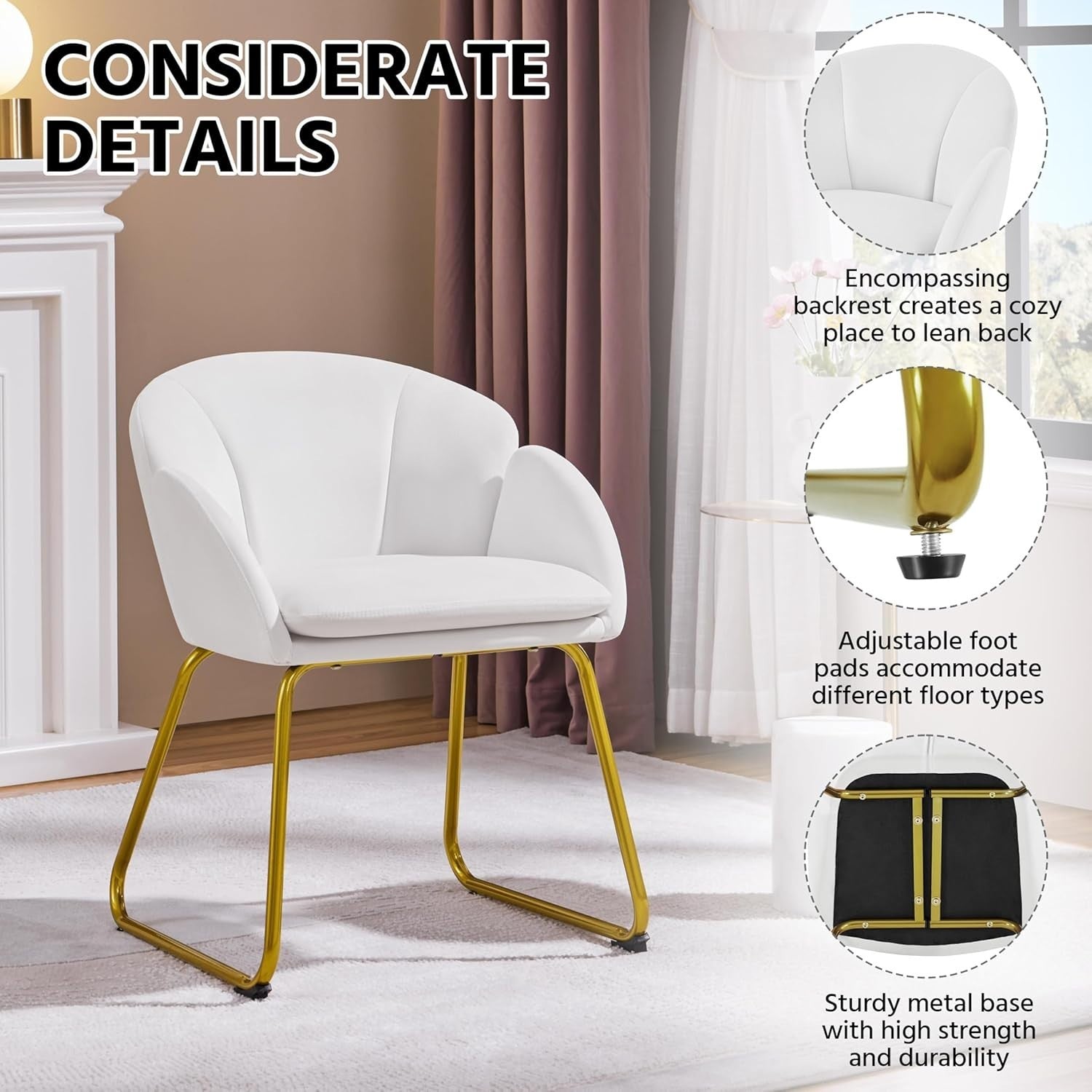 White Velvet Tub Vanity Chair Petal Accent Armchair with Gold Metal Legs