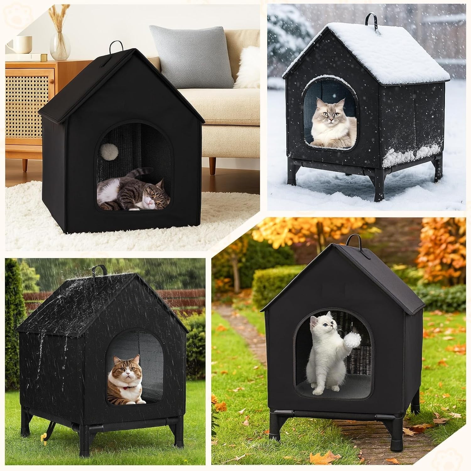 Outdoor & Indoor Insulated Cat House Waterproof Shelter with Soft Pad Black