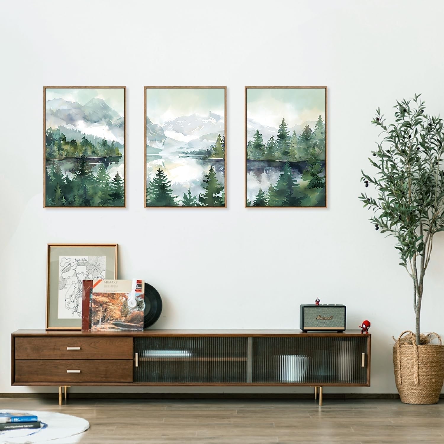 Watercolor Mountain Framed Canvas Wall Art Set Forest Landscape 16x24