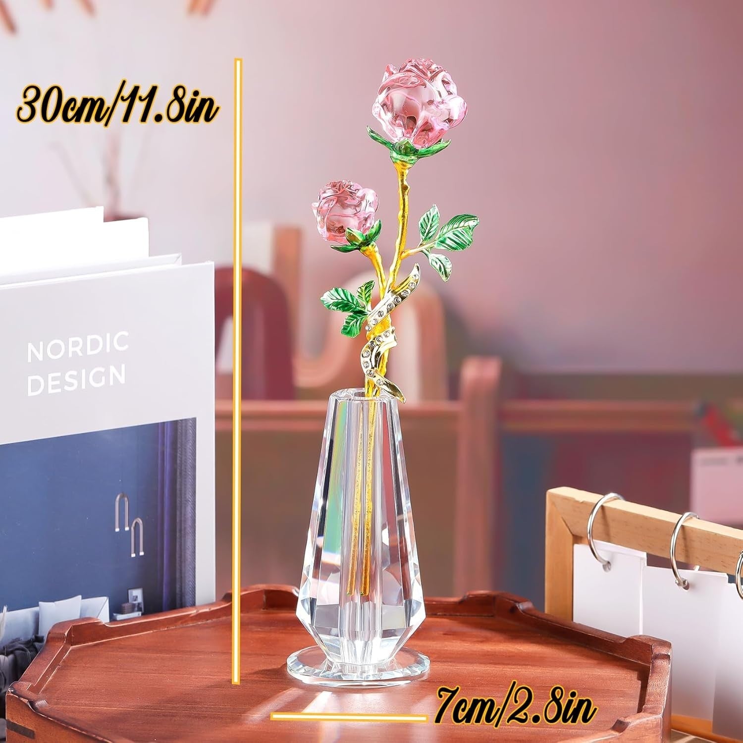 Pink Crystal Rose Figurine with Vase – Luxury Glass Flower Gift Ornament Decor