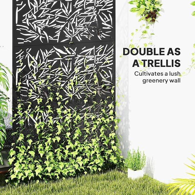 6.5FT Black Metal Garden Privacy Screen Bamboo Leaf Outdoor Divider Fence