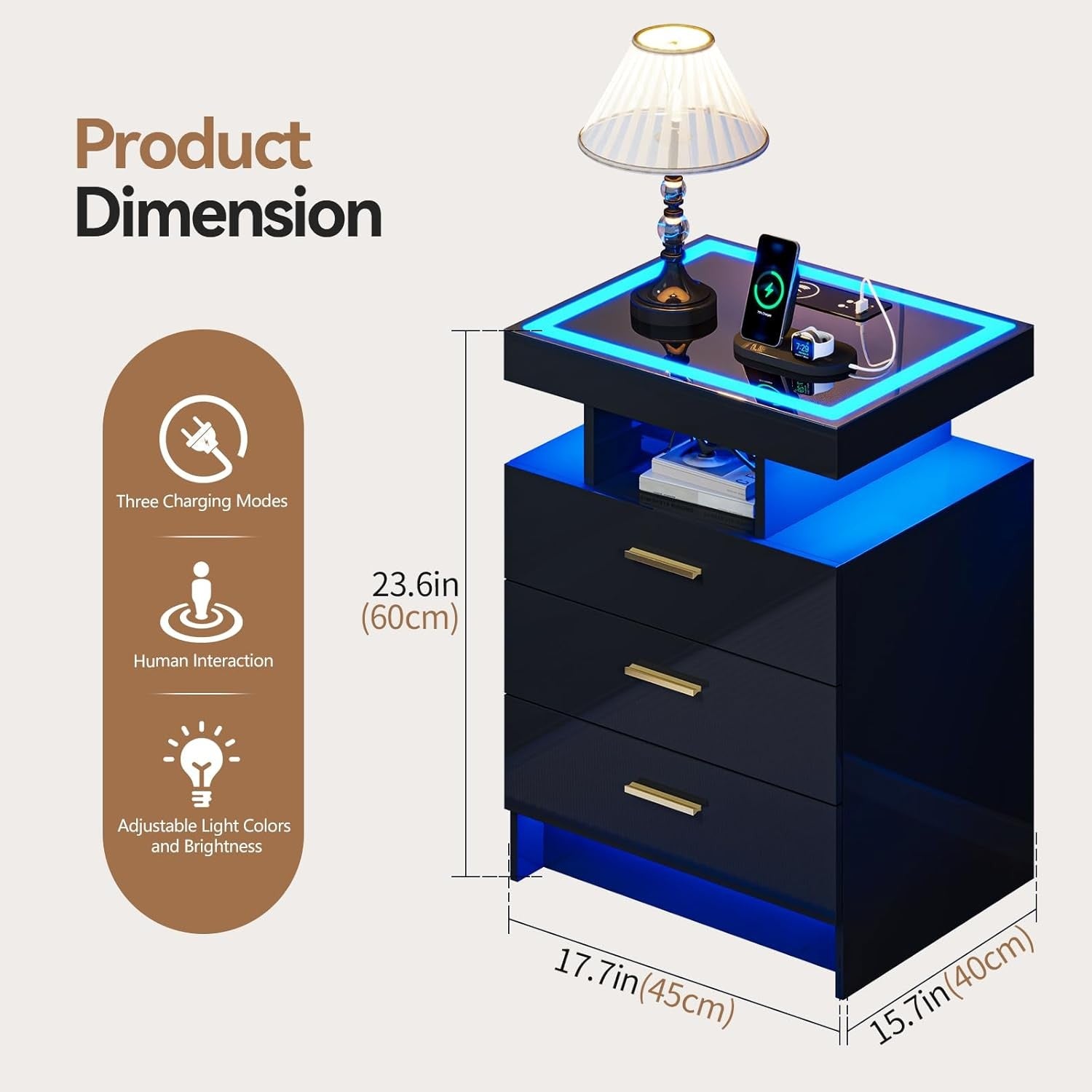 Black LED Bedside Table with Wireless Charging, Glass Top & 3 Drawer Storage