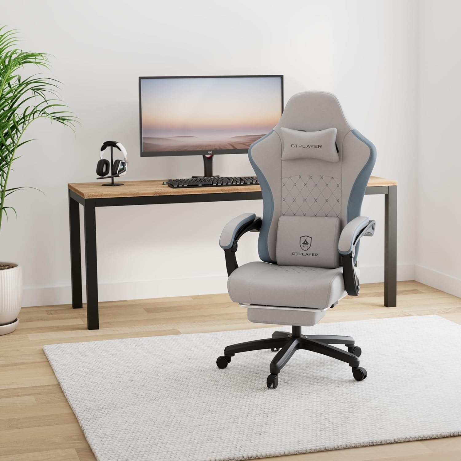Fabric Gaming Chair with Footrest Ergonomic Recliner Lumbar Support