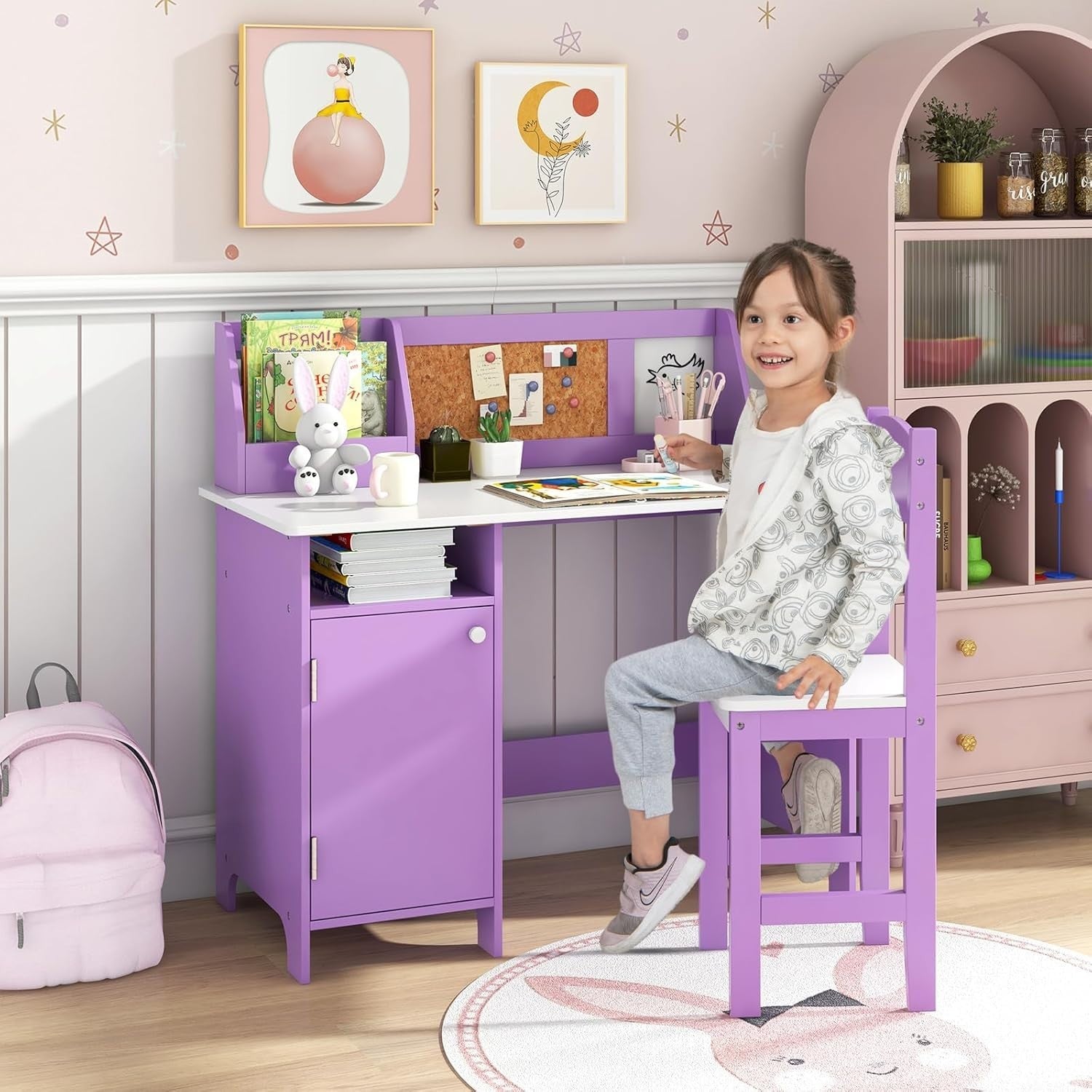 Kids Study Desk & Chair Set with Storage Cabinet, Cork Board, Ergonomic