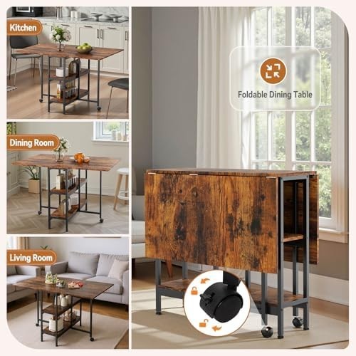 Brown Wooden Folding Drop Leaf Dining Table with Storage Shelves on Wheels