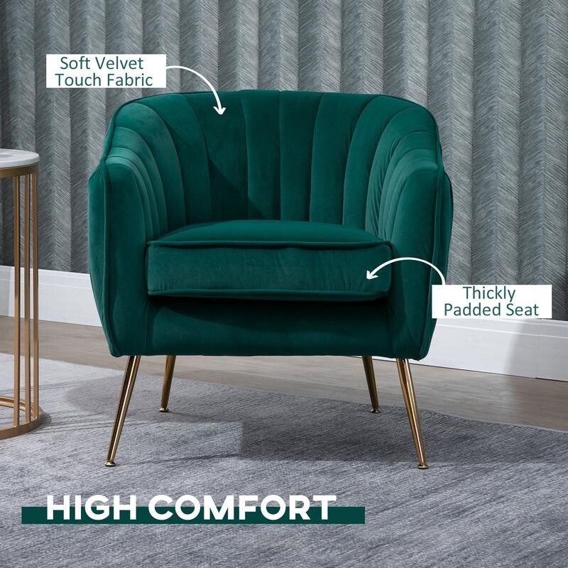 Emerald Green Velvet Accent Chair – Gold Legs, Shell Tub Armchair, Comfy Seat