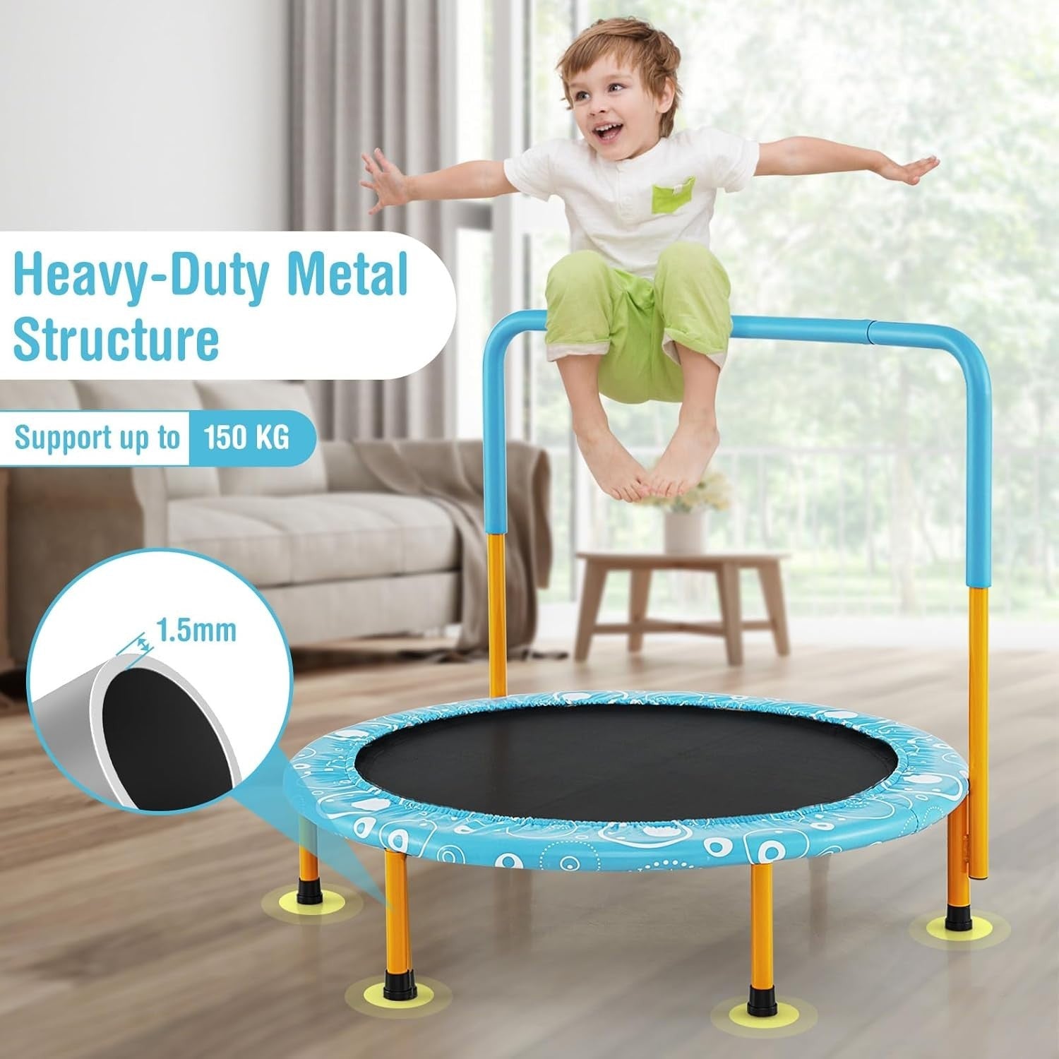 36in Kids Mini Trampoline Foldable Quiet Rebounder Handle Indoor