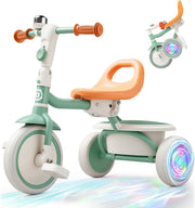 Kids Tricycle Flash LED Wheels Foldable Toddler Trike Green Age 18M-5Y