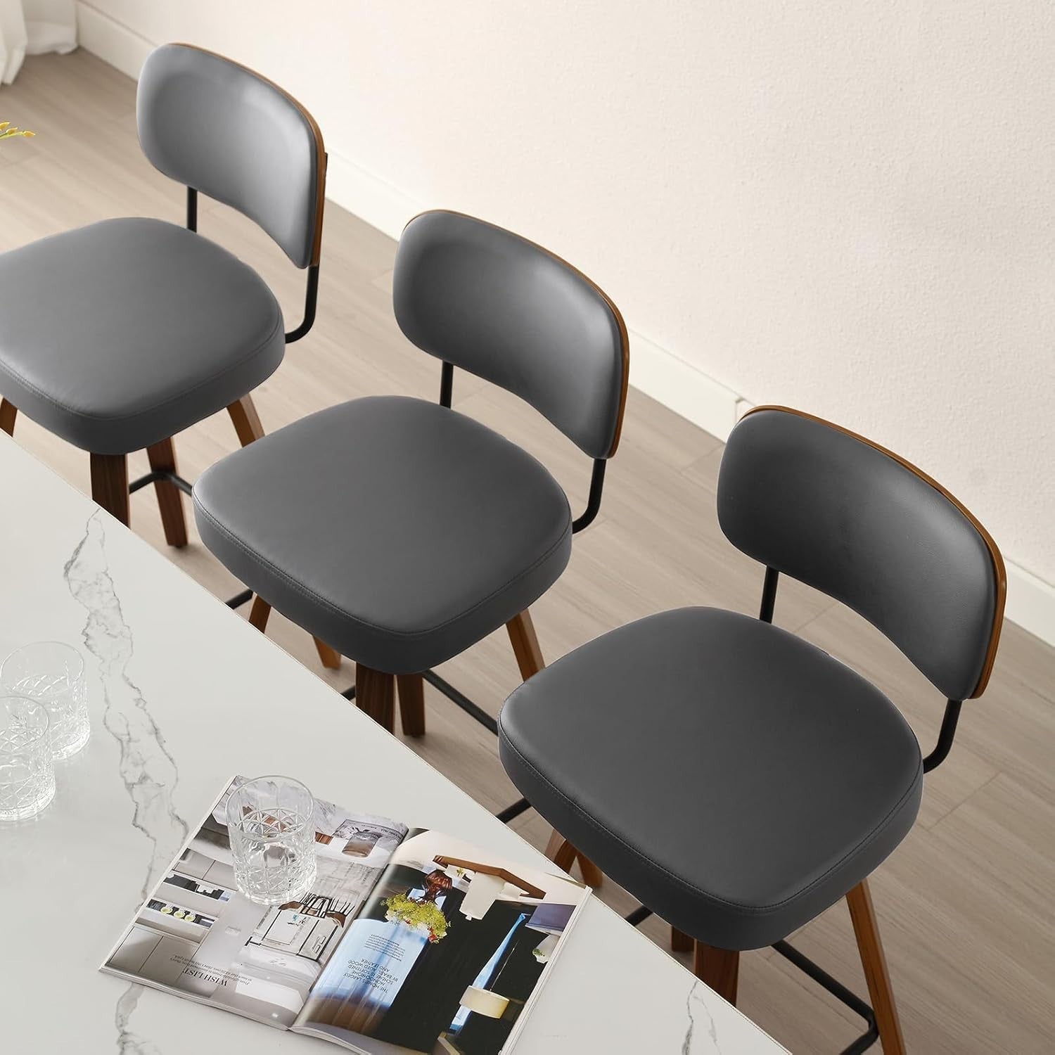 Grey Leather Back Bar Stools Set of 2 – 65cm Swivel Counter Chairs
