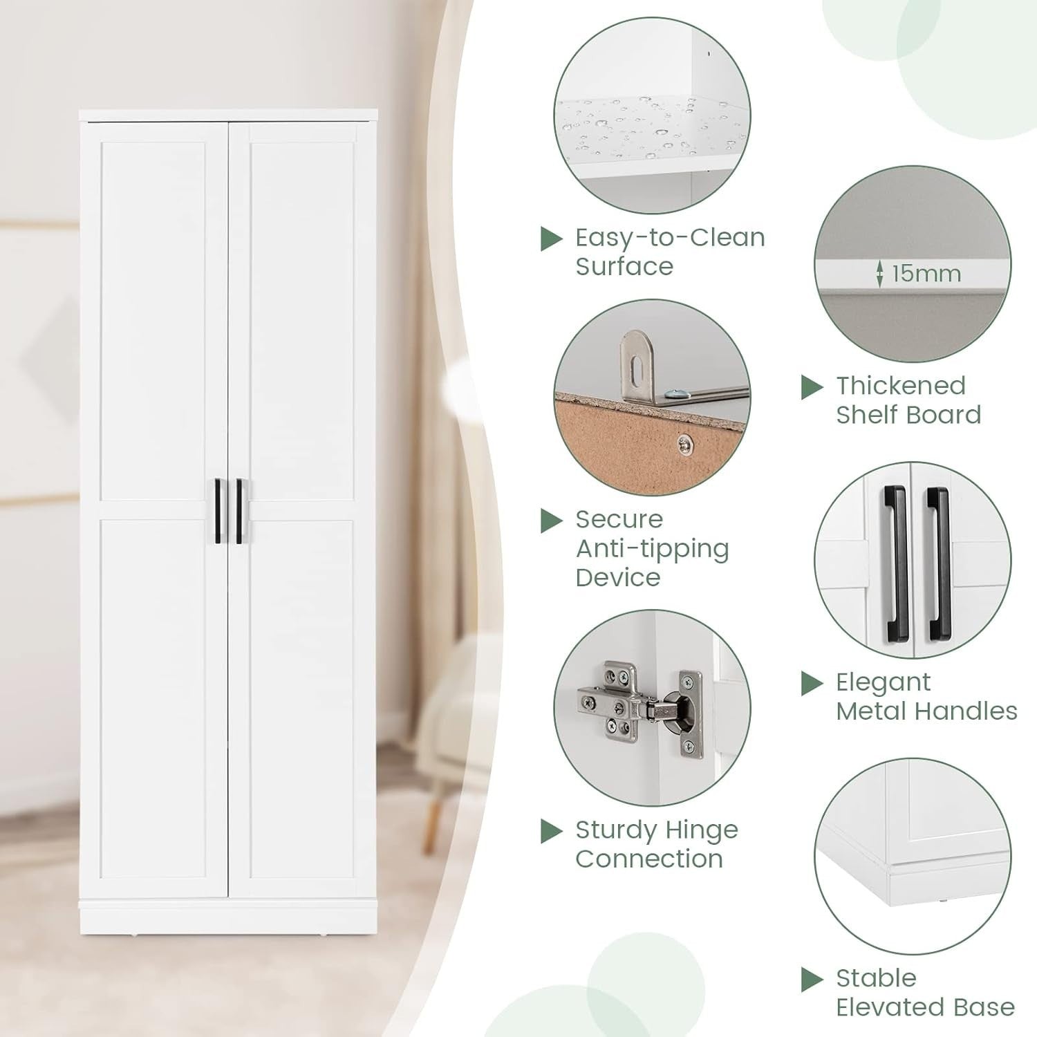Tall Kitchen Cupboard 5-Tier Storage Cabinet 2 Doors White