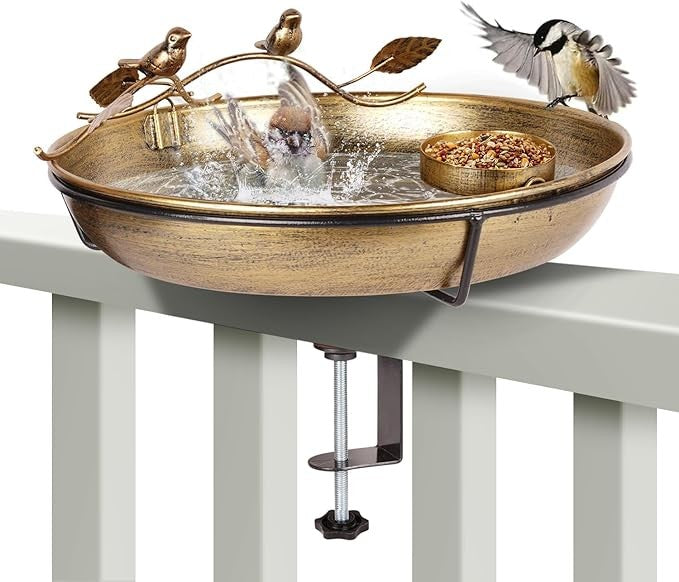 Metal Deck Mounted Bird Bath – Rustproof Outdoor Feeder Bowl with Clamp Stand