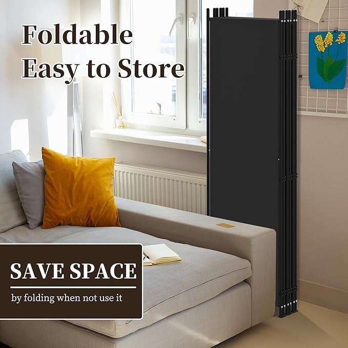 6-Panel Folding Room Divider 5.8ft Black Privacy Screen Wall Partition Office