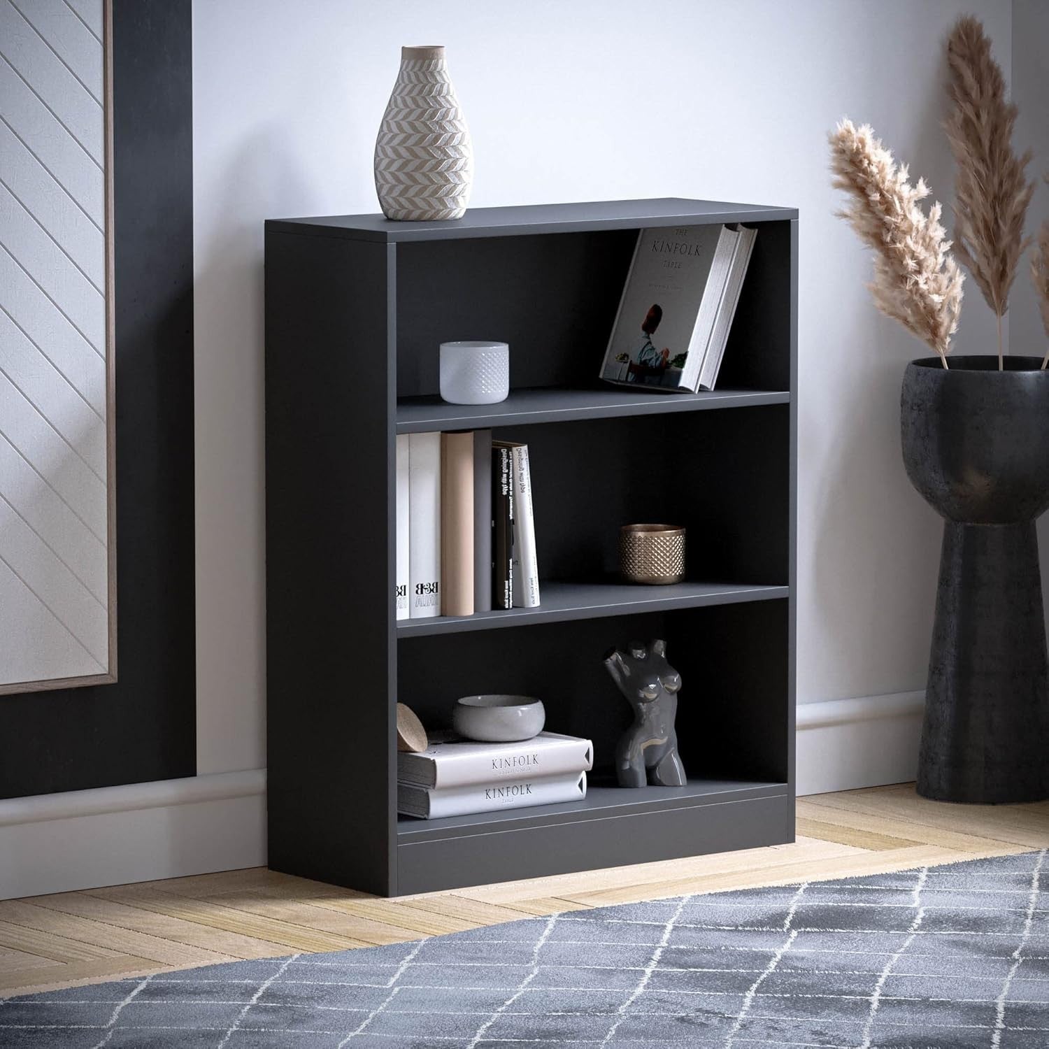 3 Tier Black Wooden Bookcase Modern Storage Display Shelf for Living Room Low