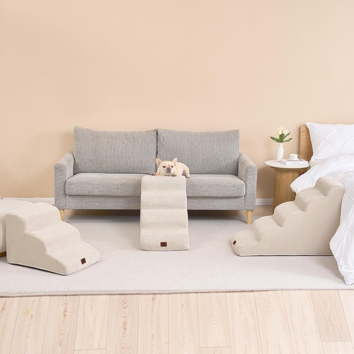 5 Step Dog Stairs for High Bed Non Slip Foam Pet Steps Washable Cream