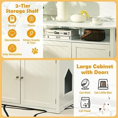 Modern Cat Litter Box Enclosure with 2 Holes, Doors & Side Table