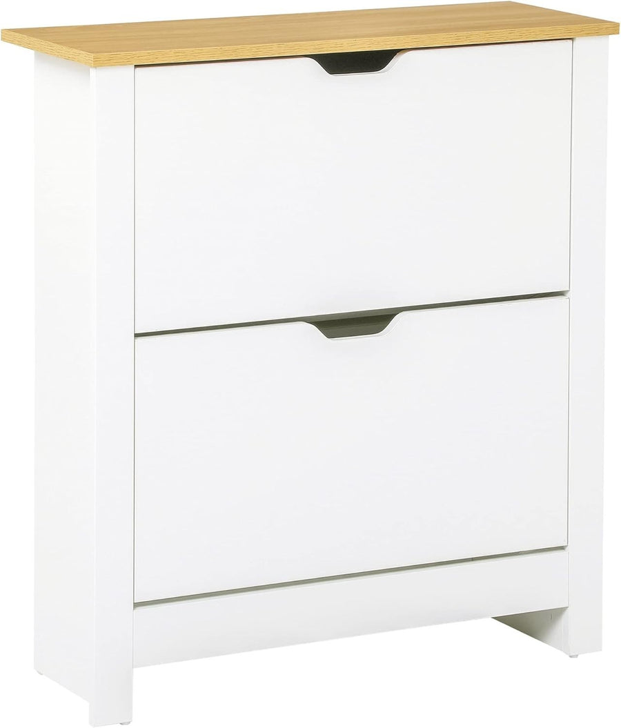 White Slim Shoe Cabinet 2 Flip Drawers Narrow Storage Unit for Hallway