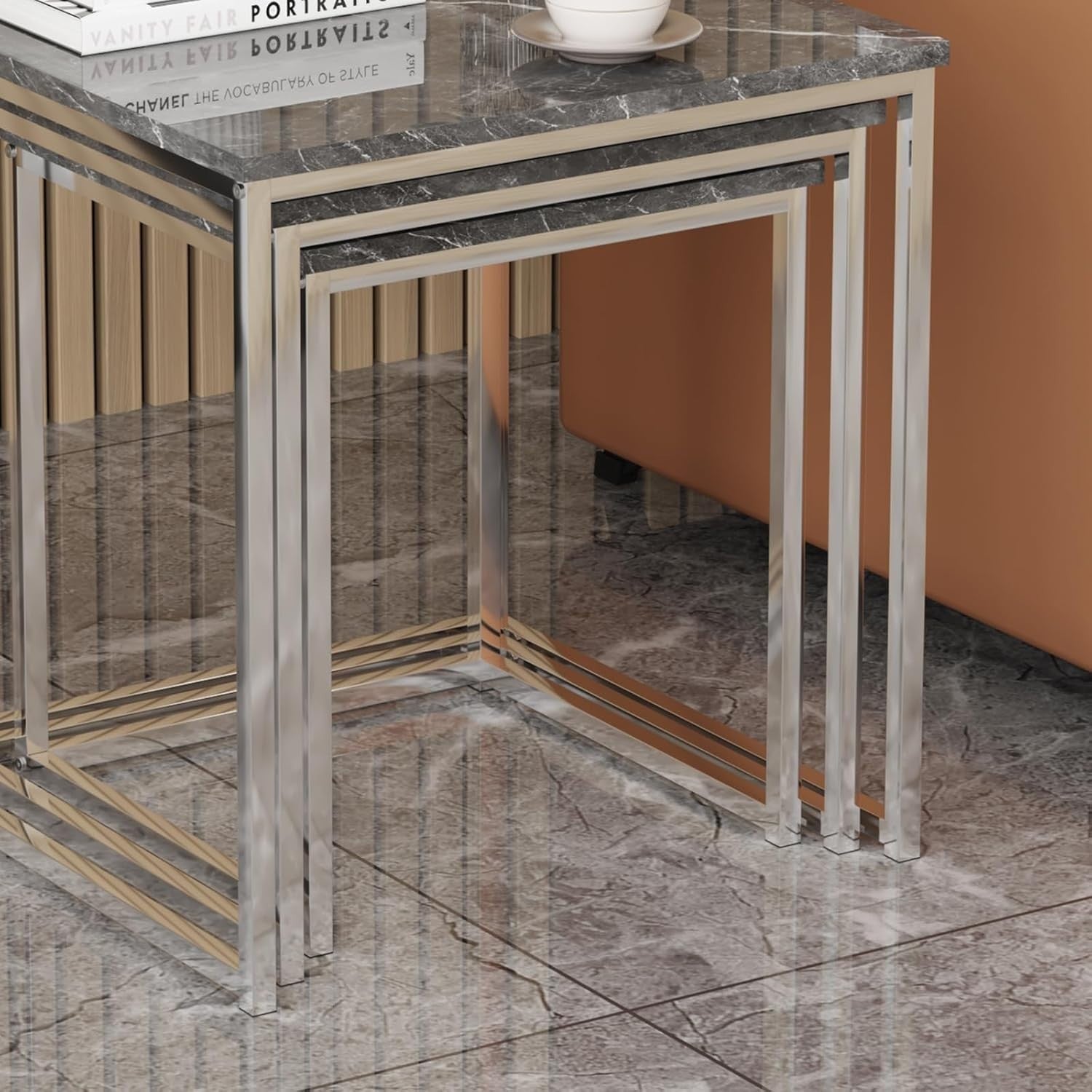 3 Nesting Coffee Side Tables Set Grey Marble Wood Square Space Saving Accent