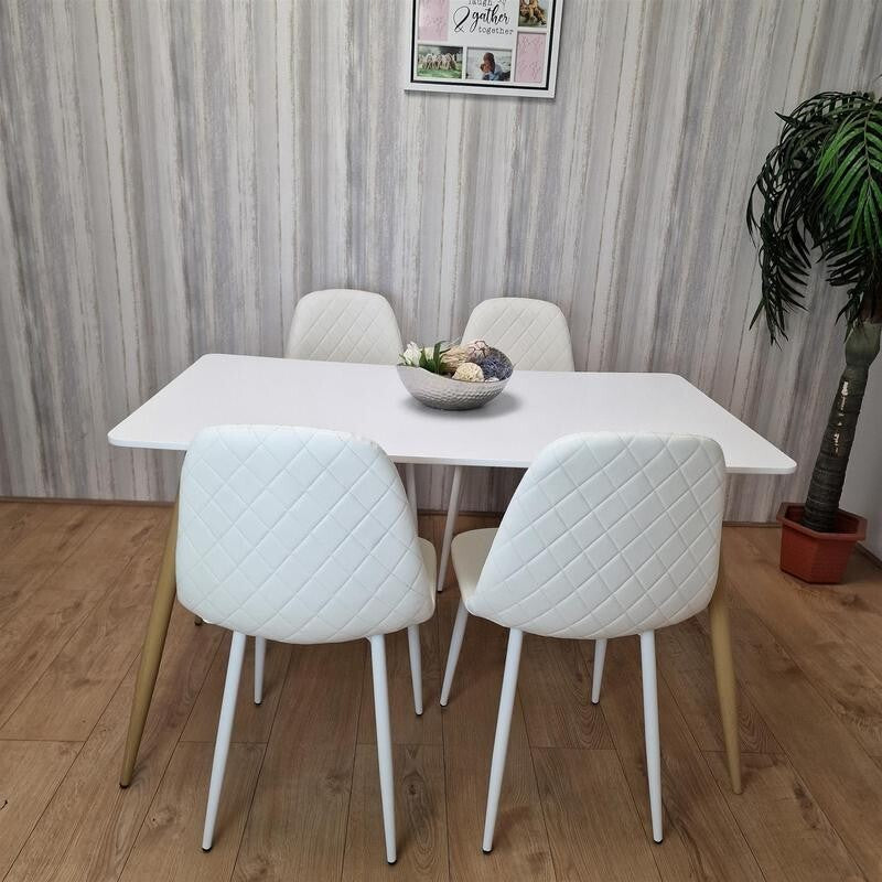 White Dining Table Set with 4 Padded Gem Chairs, Modern Kitchen Set