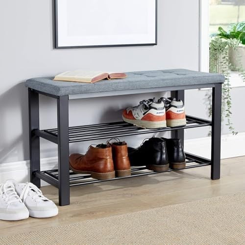 Grey Shoe Storage Bench with Linen Cushion & 2 Shelves – Metal Hallway Unit