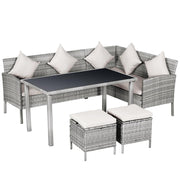 6-Seater Rattan Corner Sofa Dining Set Garden Patio Furniture w/ Table & Stools