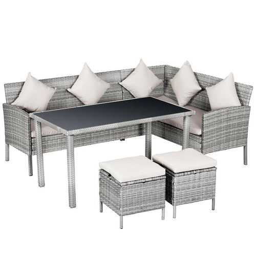 6-Seater Rattan Corner Sofa Dining Set Garden Patio Furniture w/ Table & Stools