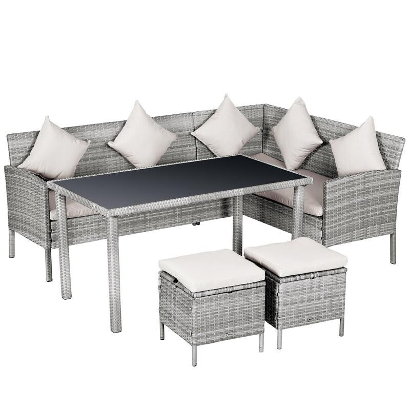 6-Seater Rattan Corner Sofa Dining Set Garden Patio Furniture w/ Table & Stools