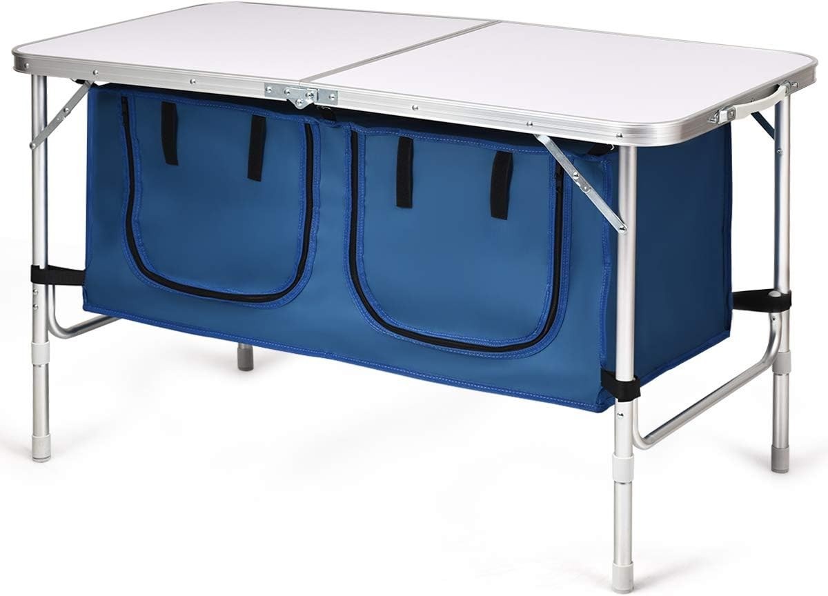 Adjustable Folding Camping Table with Storage Cupboard Organizer Portable