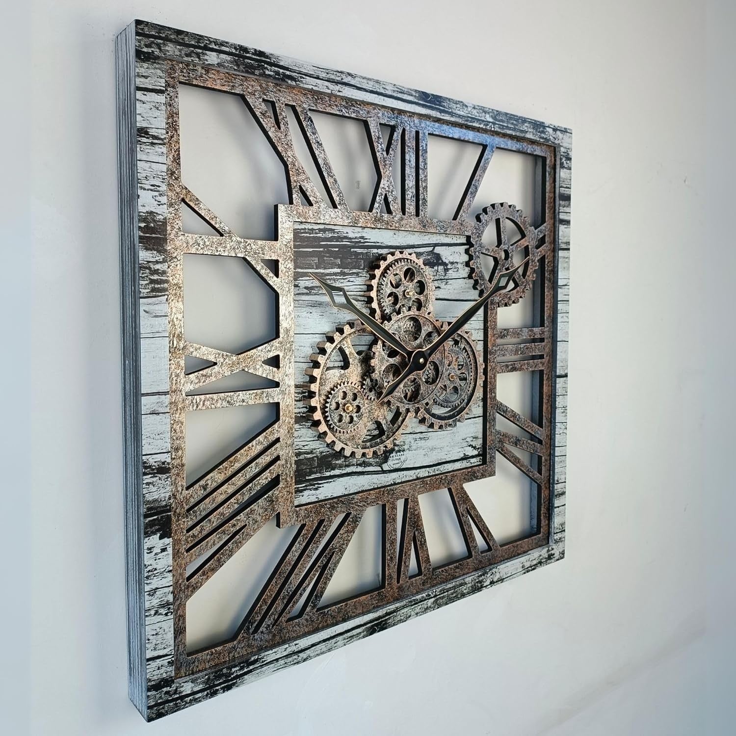 Oversized 24" Gear Wall Clock Square Grey & White Rustic Industrial Decor