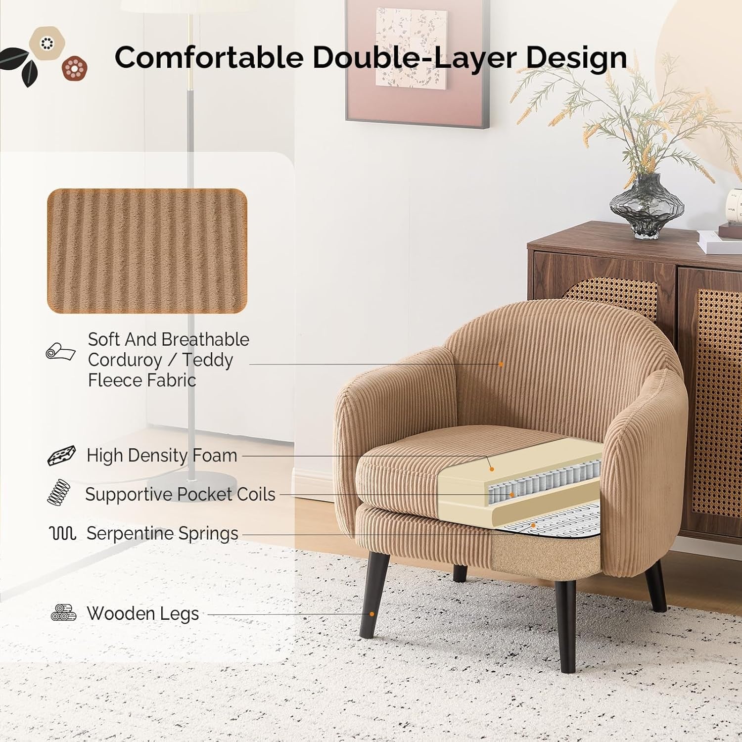 Modern Corduroy Accent Armchair Wide Track Arms Wood Legs Khaki