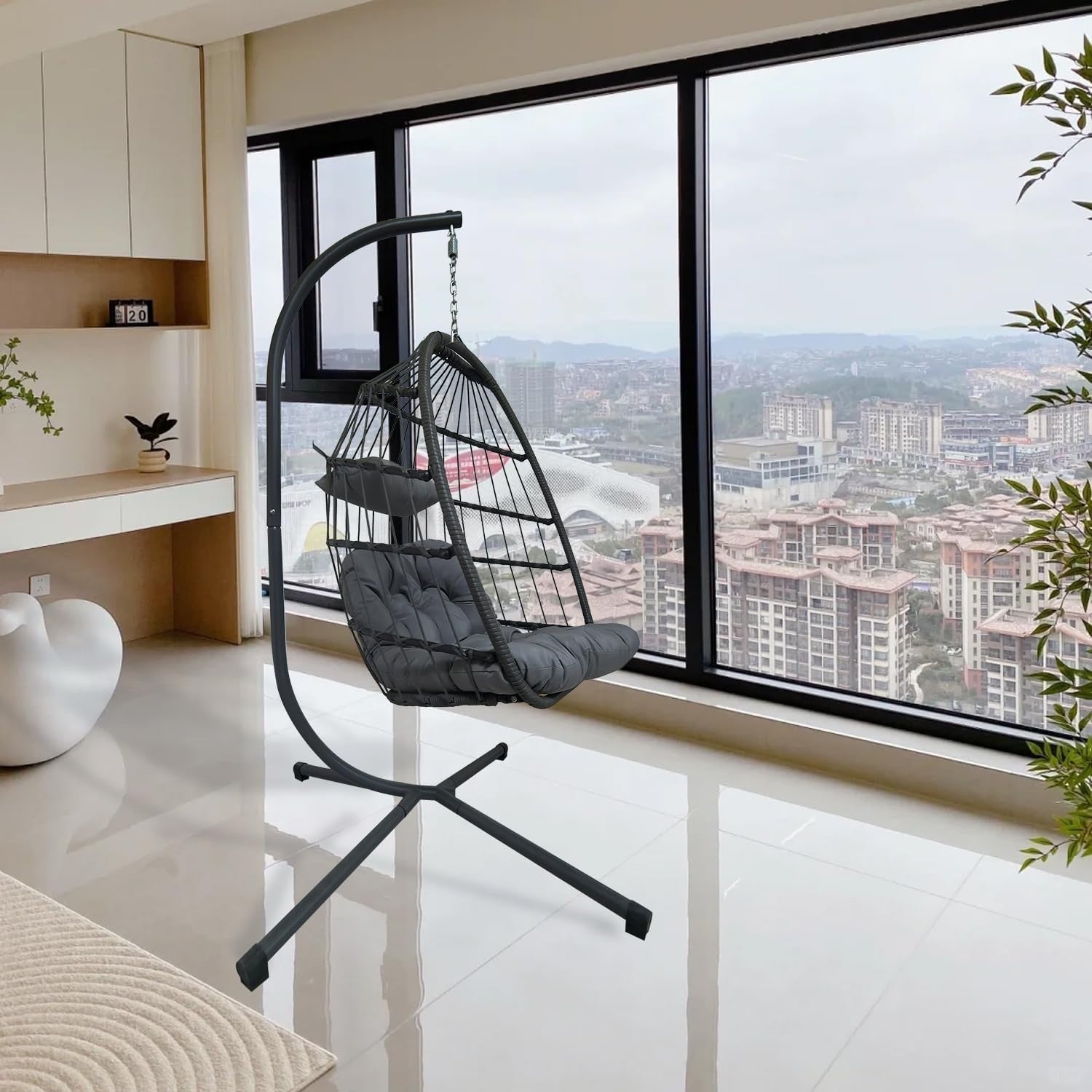 Light Grey Rattan Hanging Egg Chair with Stand | Indoor Outdoor Foldable Swing