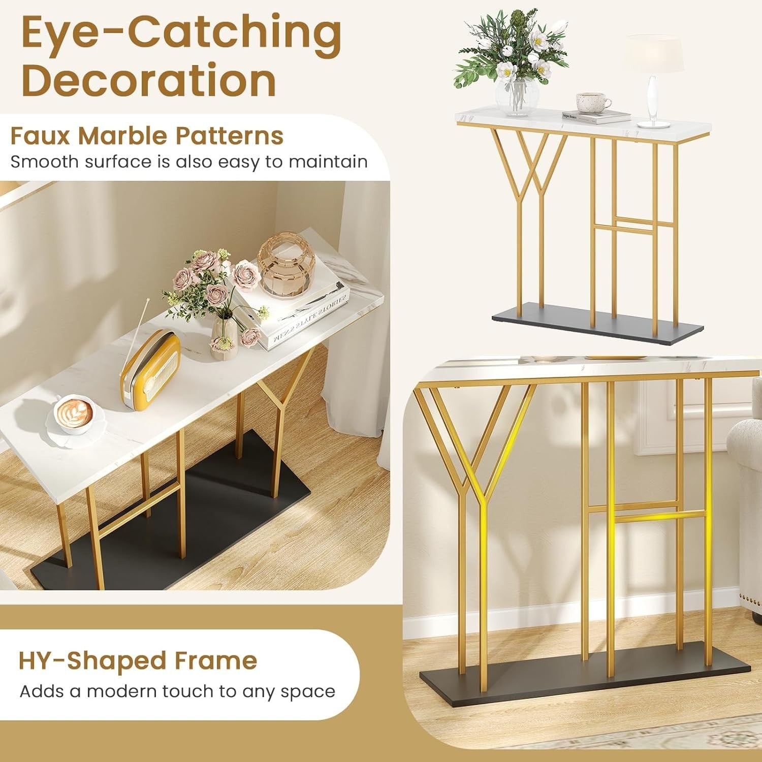 Slim Console Table Faux Marble Hallway Desk | Gold Frame, 2 Tier Storage