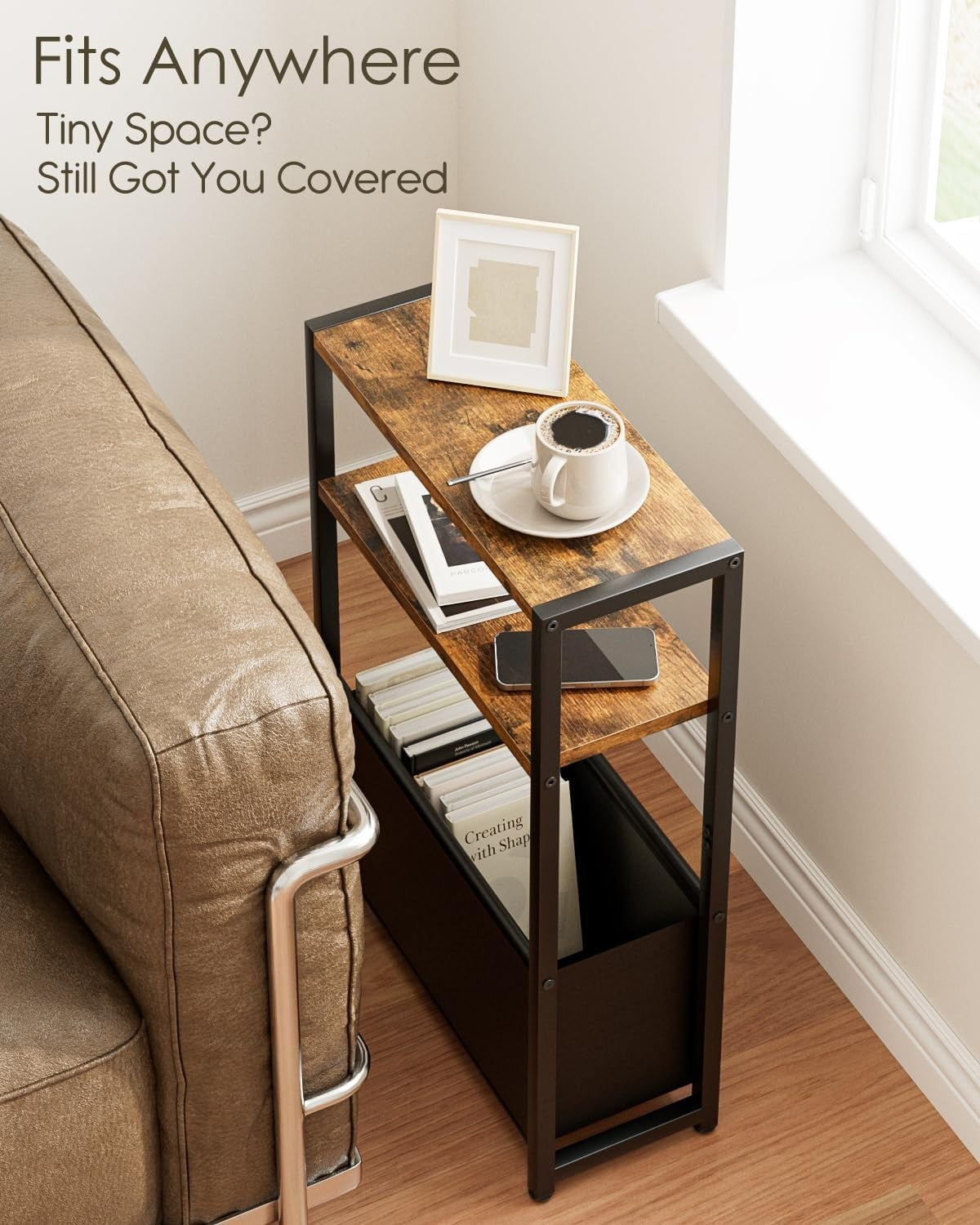 Slim Side Table with Storage Basket, Rustic Brown, Space-Saving Design