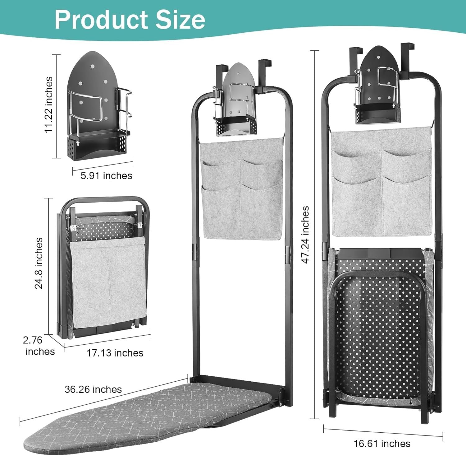 Over Door Ironing Board Space Saving Hanging Foldaway with Iron Holder