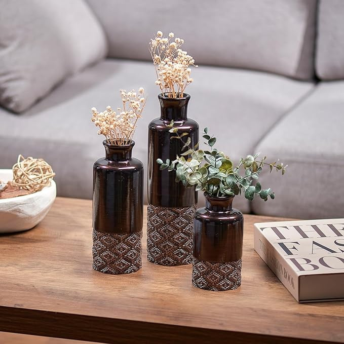 Brown Decorative Vase Set of 3 Modern Table Centerpieces Home Décor
