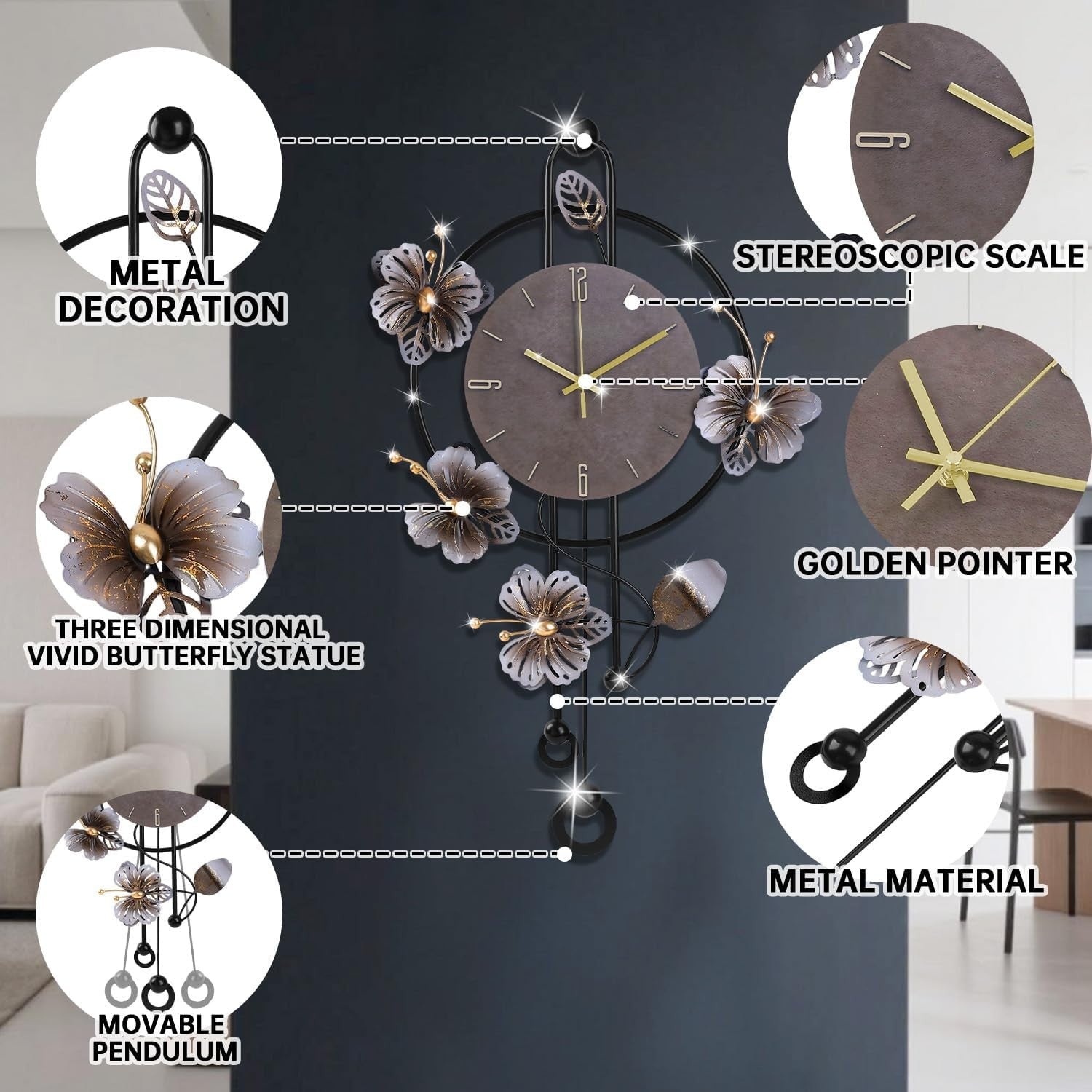 Large Wall Clock 75cm Modern Metal Floral Design Silent Quartz Pendulum Decor