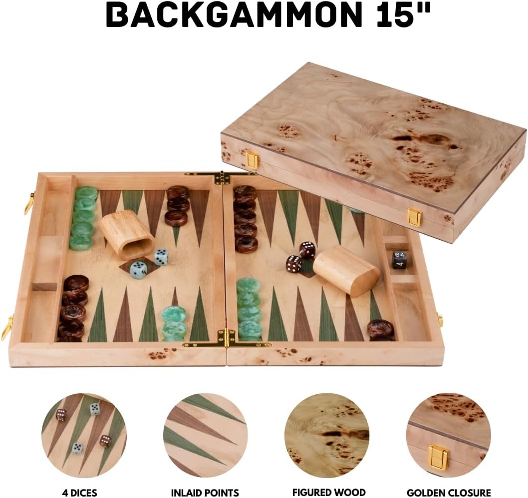 15 Inch Wooden Backgammon Set Luxury Burl Wood Case Classic Travel Board Game