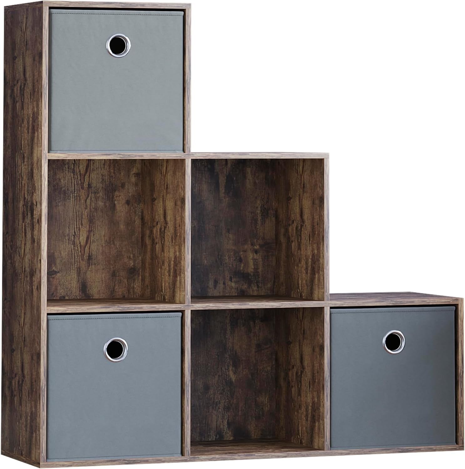 Dark Wood 6 Cube Staircase Bookcase with 3 Grey Baskets – Modern Storage Unit