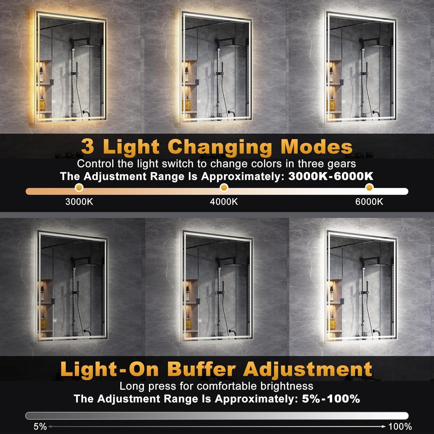 LED Bathroom Mirror 60x50cm Anti-Fog Wall Mount, Dimmable Light, Waterproof